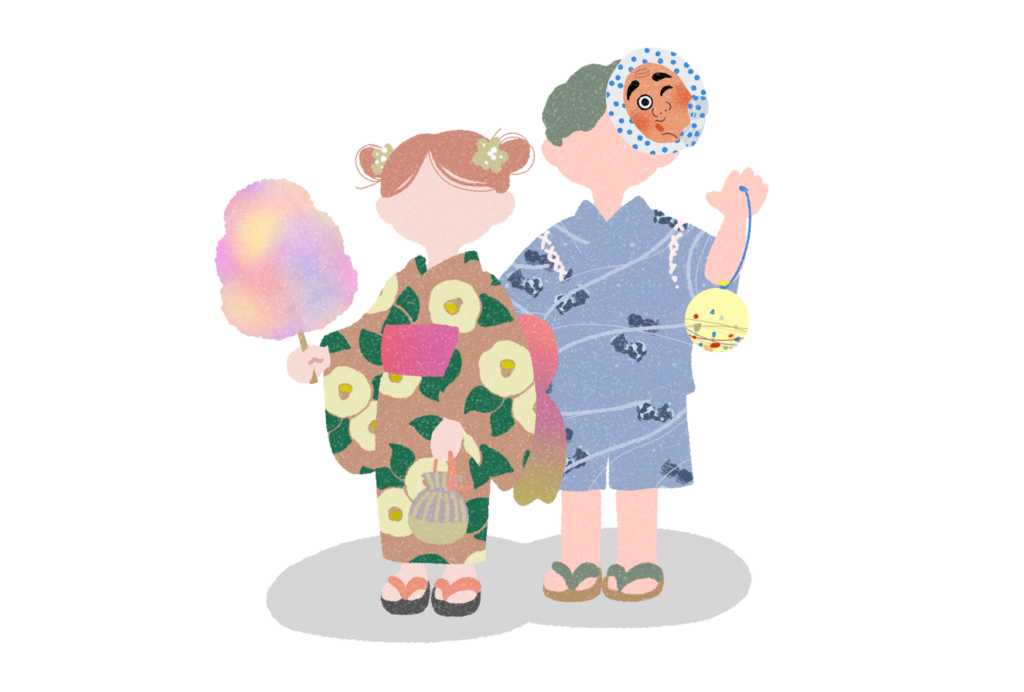 浴衣姿の男の子と女の子のシルエット
