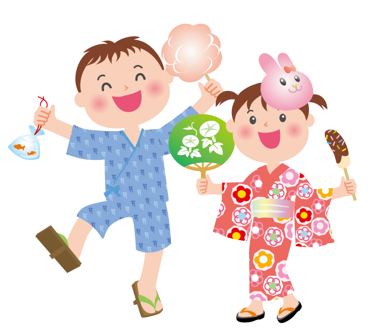 夏祭りを楽しむ男の子と女の子