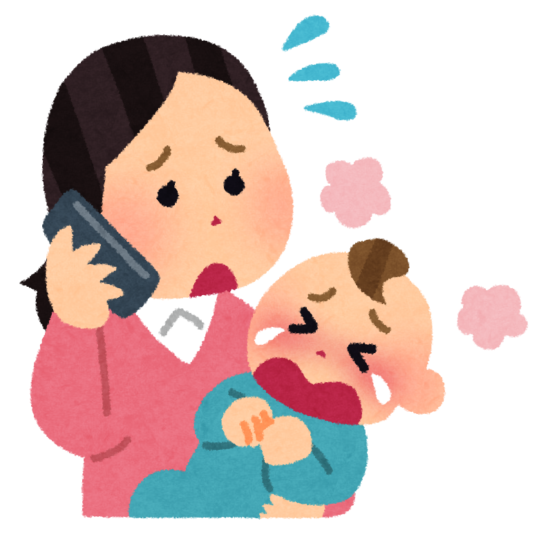子供が泣いて電話しているお母さん