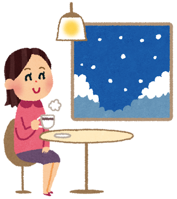 冬に室内で暖かい飲み物を飲む女性のイラスト